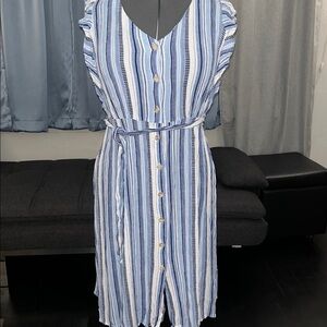 ALYX Striped Midi Flutter Sleeve Dress Button Up Waist Belt Blue White ALYX
